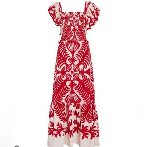 SEA red Henrietta floral cotton-linen midi dress